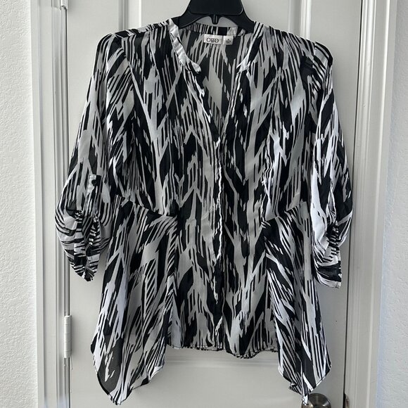 Cato Womens Black & White Abstract Print Sheer Tunic Top With Ruched Sleeves & A - Picture 1 of 7
